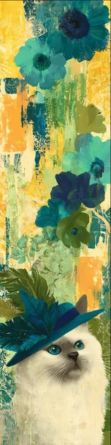 Cat bookmarks illustration of a yellow cat bookmark with a cat wearing a blue hat